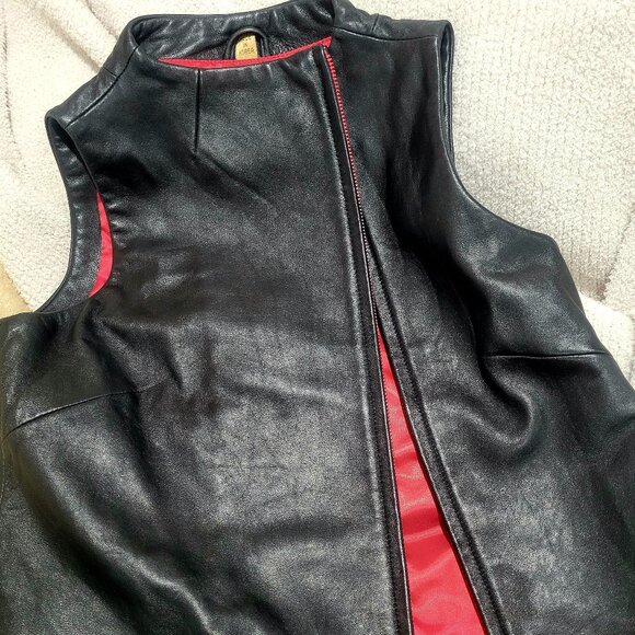 Black Leather Vest Red Zipper & Lining - Picture 2 of 10